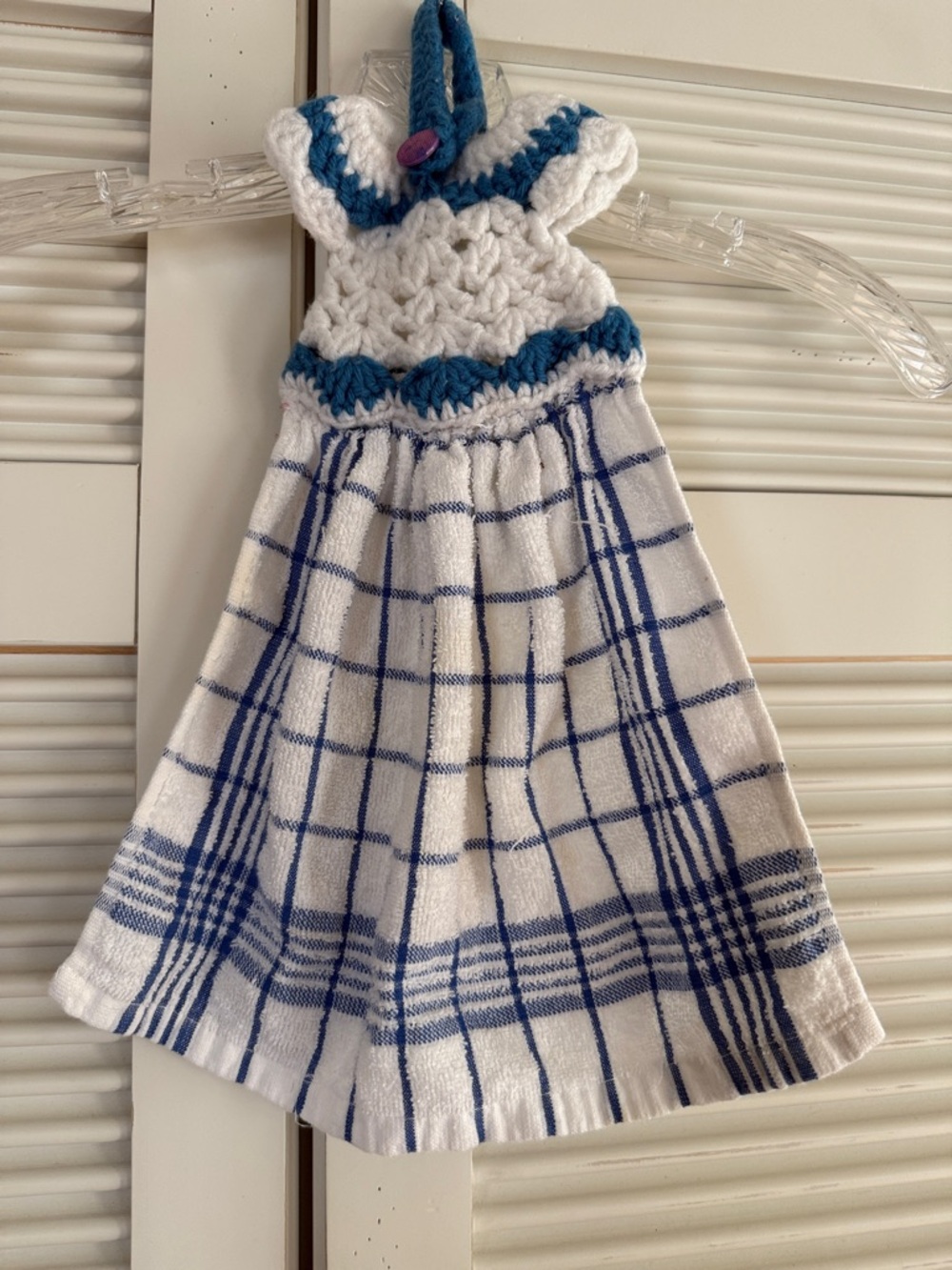 Handmade Crochet-Topped Kitchen Towel - White & Blue